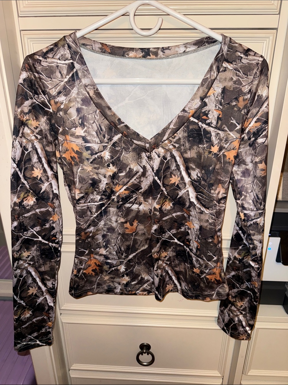 Never Worn Long Sleeve V-Neck Camo Print Women's Top - Brown/Black